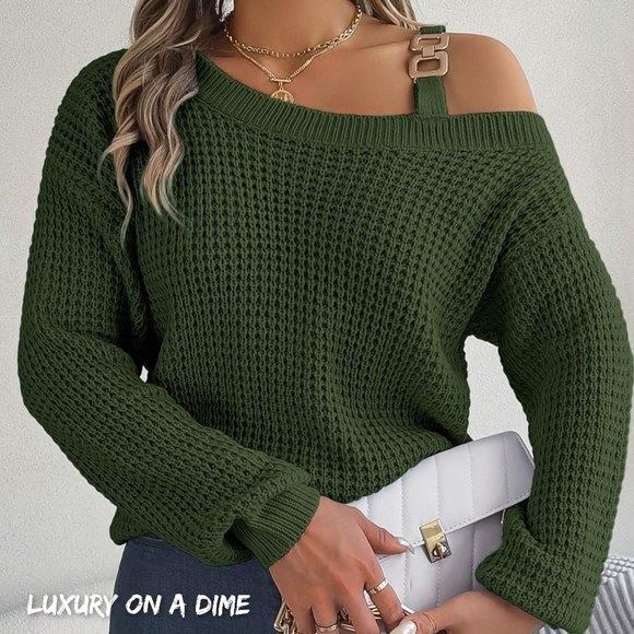 Sweaters - Waffle Knit Cold Shoulder Asymmetrical Gold Accent Long Sleeve Sweater Shirt